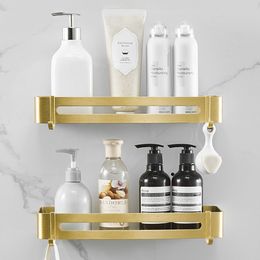 Bathroom Shelves Aluminium Bathroom Shelf with Hooks Rectangle Kitchen Bathroom Shower Gel Soap Shampoo Brushed Gold Storage Organiser Rack Holder 230504