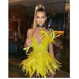 Casual Dresses Fashion Tube Top Slimming Mini Dress 2023 Elegant Party Design Feather Yellow Irregular Slit Celebrity