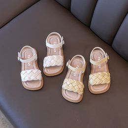 Sandals Toddler Shoes Girl Summer Braided Vacation Square Toe Cute Children Sandals Beige Yellow 21-36 Pu Leather Fashion Kids Sliders 230505