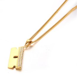 Pendant Necklaces Iced Out Bling Blade Male Gold Colour Stainless Steel Hip Hop Men's Barber Shop Jewellery DropPendant