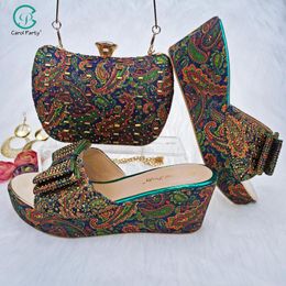 Dress Shoes Italian Design Paisley Pattern Green Color Women's And Bags Matching Party Fashion Comfortable Middle Heel