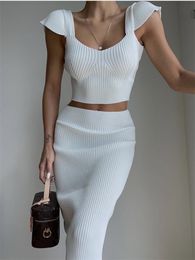 Two Piece Dress Summer White 2 Pieces Sexy Womens Sets Knitted Tracksuits Ruffles Tank Tops and Wrap Pencil Skirts Suits Female 230505