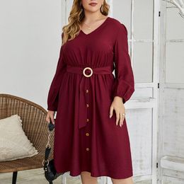 Casual Dresses 4xl Plus Size Summer Dress Women V Neck Long Sleeve Buttons Red High Waist Clothing