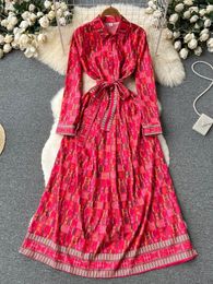 Casual Dresses Autumn Fashion Letters Print Red Vintage Maxi Dress Women Long Sleeve Turn Down Collar Belt Lace Up A Line Party Robe Vestidos 230505
