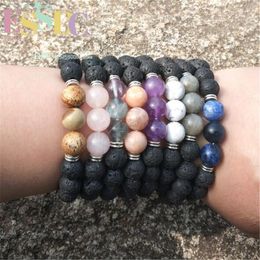 Strand ESSDC Design 10mm Natural Volcanic Lava Rock Purple Crystal Picture Stone Beads Wrap Bracelet For Men Women