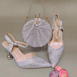 Dress Shoes Nigeria Silver Sparkling Diamond With Pearl Chain Decoration Party Ladies And Bag Set