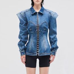 Womens Designer Gothic Denim Jackets Coat Spring Autumn Long Sleeve Jean Jacket Denim Blue Street Style Jackets