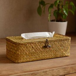 Tissue Boxes Napkins Rattan Tissue Box Cover Rectangular Napkin Case Woven Napkin Paper Container Home Car Napkins Holder Ofiice Home Organizer Z0505