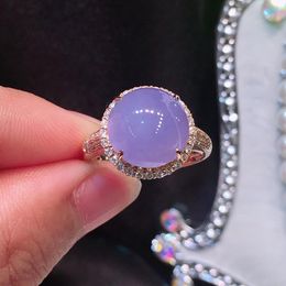 Cluster Rings Inspired Design Silver Inlaid Natural Chalcedony Oval Violet Opening Adjustable Ring Elegant Charm Ladies JewelryCluster Clust