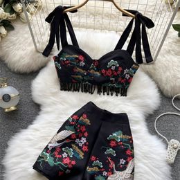 Women s T Shirt SINGREINY Print Chinese Women Summer Set Zipper 2 Piece Sets Tassel Retro Sexy Slim Vacation Beach Two 230504