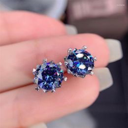 Stud Earrings Blue Moissanite 925 Sterling Silver Women's 4 Carats Total 2 Each Round Cut D VVS High Jewelry
