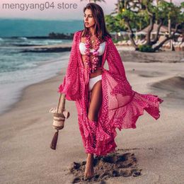 Women's Swimwear 2022 Women Print Swimsuit Cover Up Sleeve Kaftan Beach Tunic Dress Robe De Plage Solid White Cotton Pareo High Collar Beachwear T230505