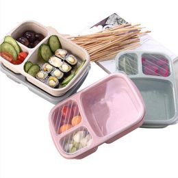 3 Grid Wheat Straw Lunch Boxes Microwave Bento Food Grade Health Dinner Box Student Portable Fruit Snack Storage Container Q28