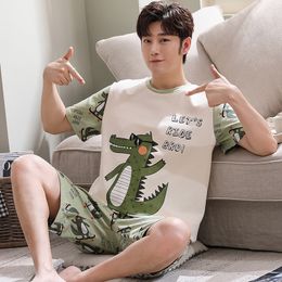 Men's Sleepwear Men Pajamas Set Summer Short-sleeves O-neck Sleepwear Funny Dinosaur Cartoon Print Knit Cotton Sleepwear Plus Size Men Nightwear 230505