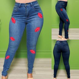 Women's Jeans Women's Red Lip Print Fashion Show Thin Personality Trend Ripped Trousers Pants For Women