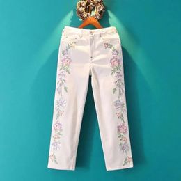 Dresses Retro Chinese Style Women's Embroidered Flower Jeans Spring Summer AnkleLength Pants White Straight Pants Casual Denim Pants Y9