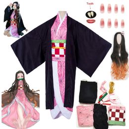 Abbigliamento Cartoon Kamado Nezuko Costume Cosplay Anime Demon Slayers Kimono Kimetsu No Yaiba Kamado Nezuko Costume Parrucca Uniforme Hallween Donna Bambini 230504
