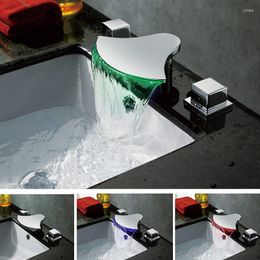 Bathroom Sink Faucets Waterfall Faucet LED Widespread Bathtub Dual Handle 3 Hole With Colors Change Basin