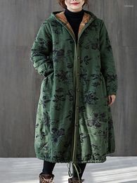 Women's Trench Coats 2023 Ethnic Style Quilted Velvet Jacket Women's Long Hooded Autumn And Winter Print Thickened Single Breasted