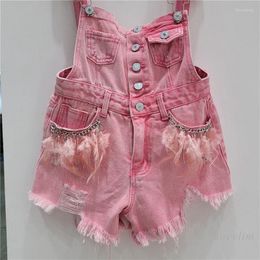 Women's Jeans Feather Denim Shorts Women 2023 Preppy Style Suspender Pants Younger Lady Fashion Ripped Tassel Wide Leg Strap Street