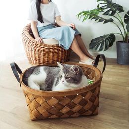 Mats Woven Cat Litter Breathable Scratchresistant/Wearresistant Comfortable Luxury Wooden Woven Straw Luxury Basket
