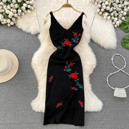Casual Dresses Summer Fashion Rose Embroidery Black V-neck Waist-skimming Mid-length Open Sleeveless Halter Knit Dress