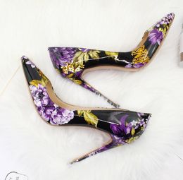 Dress Shoes Purple Flower Patent Leather High Heel Pumps Sexy Thin Single Pointed Toe Banquet Woman Floral Stiletto