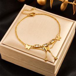 Anklets 316L Stainless Steel Square Zircon Butterfly Charm For Women Girl Trend Leg Chain Jewellery Birthday Gift Drop