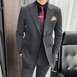 Men's Suits Blazers New Men's Suit Three Piece Business Casual British Striped Plus Size Male Double Breasted Dress Blazers Jacket Pants Vest Formal 230505