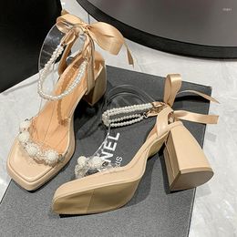 Sandali di cristallo estate stringa perline tacchi alti scarpe da donna 2023 Chunky Marie Jane pompe vestito da partito Chaussure Femme