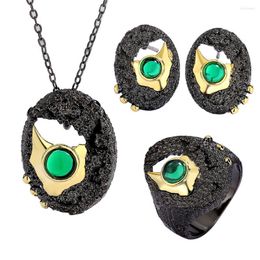 Necklace Earrings Set Ajojewel Vintage Round Green Stone Golden Black Big Ring Retro Ancient Gift For Birthday Party