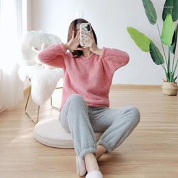 Women's Sleepwear Winter Cashmere Pajamas Women's Long-sleeved Trouser Suit Thickened Pullover Home Clothes Solid Fleece Women 2 Piece