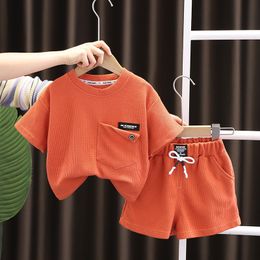 Clothing Sets Korean Baby Boys Clothing Sets Kids Solid Short Sleeve T-Shirt Shorts 2Pcs Suit for Boys Children Cotton Clothes Sport Outfits 230505