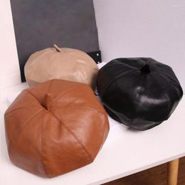 Wide Brim Hats Elastic Band British Style Pumpkin Beret Hat Faux Leather Retro Ladies Painter Octagonal Fashion Accessories