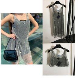 Womens Sexy Sheer Dress Black Satin Sling Rhinestone Shiny Hollow out Vest Dresses 2pcs Set Badge crystal Tank Tops lady Sling Tops