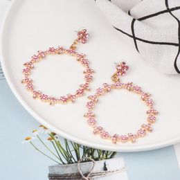 Dangle Earrings 2023 Fashion Full Rhinestones Drop For Women Girls Statement Pink Flower Crystal Round Big Circle