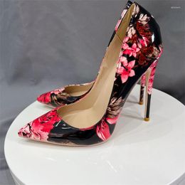 Dress Shoes 2023 Flower Print Women Glossy Patent Floral Stiletto Pumps Pointy High Heel Chic Size 34-45