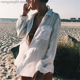 Women's Swimwear Summer Beach Blouse Bikini Sun Protection White Shirt Swim Suit Cover-ups Sexy Beach Cover Up Women Top saida de praia pareo T230505