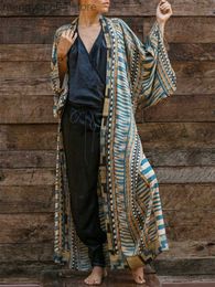 Women's Swimwear Women Vintage Geometric Printing Beach Kimono Bohemian Oversized Cardigan With Belt Holiday Slim Ethnic Tribe Swimsuits Cover Up T230505