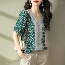 Women's Blouses Office Lady Broken Flower Printed Blouse Summer Chic Pearl Single-breasted Female Clothing Elegant V-Neck Lace Spliced Shirt