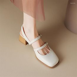 Sandals 2023 Summer Cow Leather Women Square Toe Shoes Chunky Heel Cover For Handmade