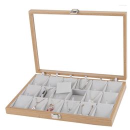 Jewellery Pouches 18 Grids Wooden Necklace Earrings Display Props Storage Tray Holder Box With Windowed Glass Cover