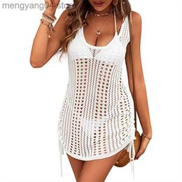 Women's Swimwear Sexy Crochet See Through Cover-ups Female 2023 Summer Vacation Beach Bikini Swimwear Women Solid Color Mesh Drawstring Coverall T230505