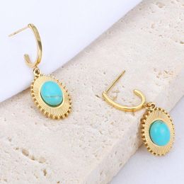 Dangle Earrings Oval Sunflower Stainless Steel Pendant Female Inlaid Turquoise Simple And Fashionable Titanium For Women