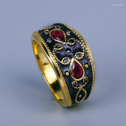 Cluster Rings Classic Ring For Women's Fashion Two-tone Womens Inlaid With Red Zircon Jewelry Silver Handmade Enamel