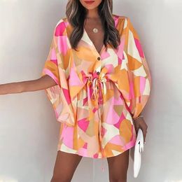 Casual Dresses Fashion Batwing Sleeve Print Lace Up Mini Dress for Womens Sexy V-Neck Casual Loose Boho Holiday Short Dresses Woman Summer 230505