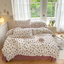 Bedding Sets Fresh Small Floral Pattern Ruffles Girls Set Soft Double Layer Yarn Duvet Cover Flat/Fitted Bed Sheet Pillowcases