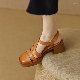 Sandals 2023 Summer Cow Leather Women Square Toe Shoes Chunky Heel Cover For Handmade Gladiator