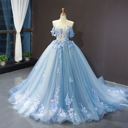 Party Dresses Blue Quinceanera Classic Off The Shoulder Princess Prom Dress Lace Appliques Ball Gown With Small Train Custom Size 230505