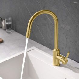 Kitchen Faucets Brushed Gold/Black Brass Faucet Sink With Pull Down Sprayer Single Handle Hole